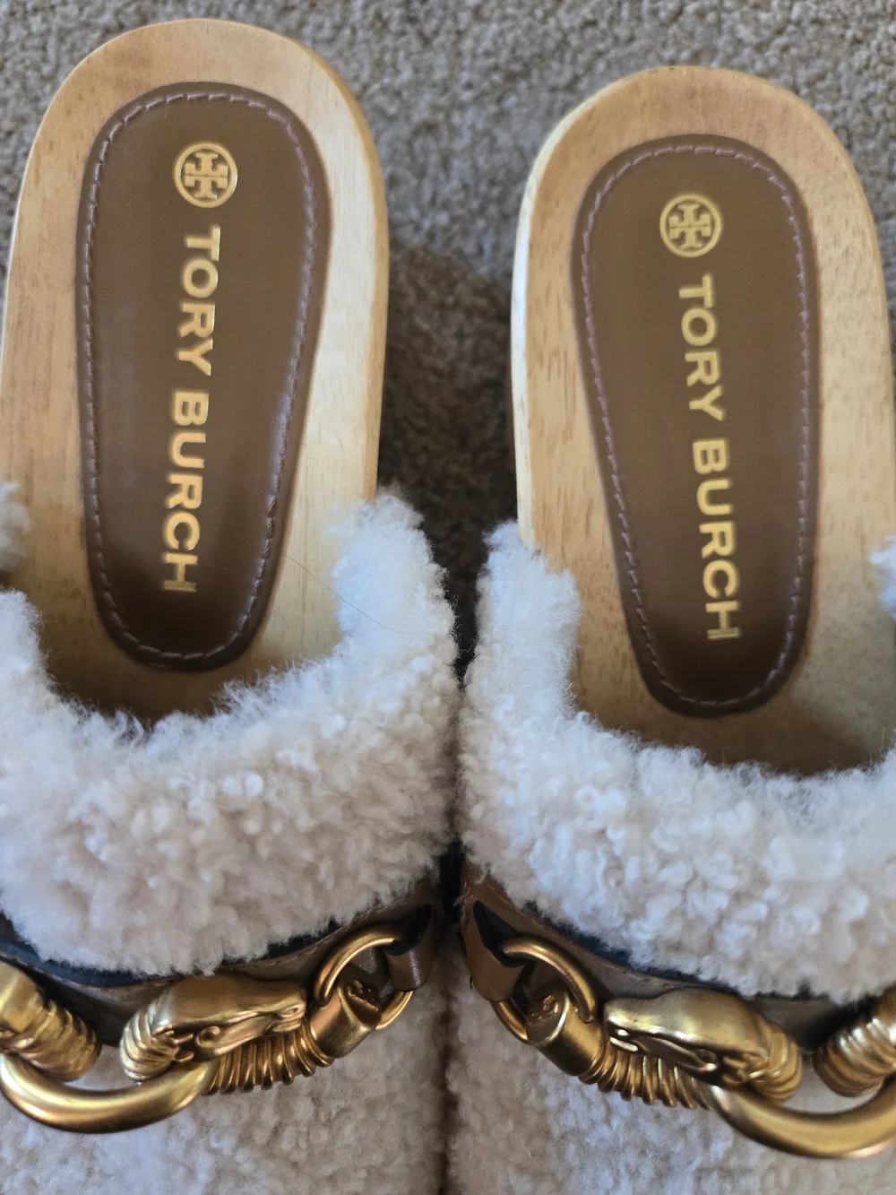 Tory Burch Jessa Cream Shearling Horse Head Horsebit Wood Clogs in size 8